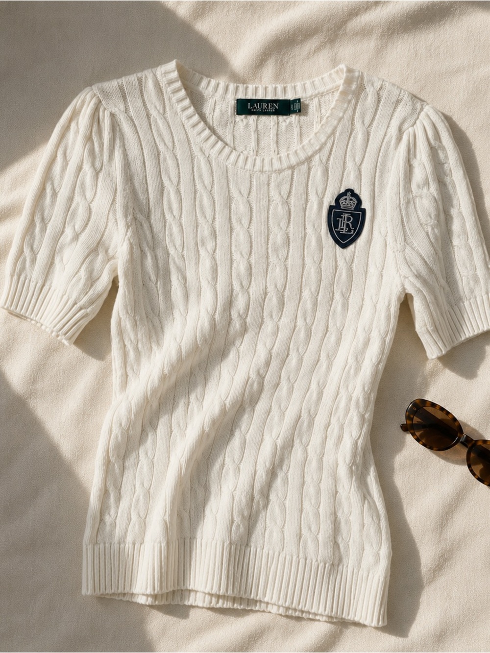 Lauren Ralph Lauren Cable Knit Cotton Sweater Puff Sleeve Large - Picture 7 of 7
